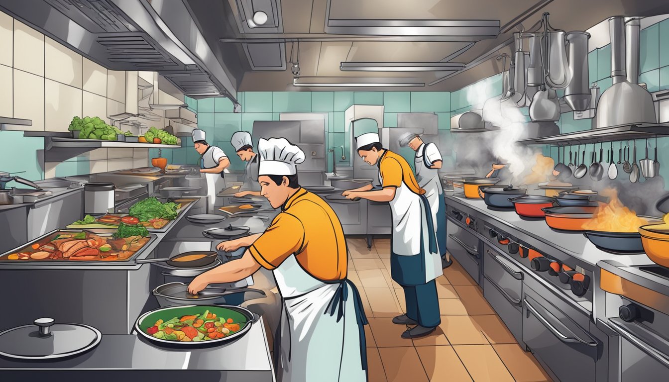 A bustling restaurant kitchen, with chefs expertly preparing colorful and aromatic dishes, while pots and pans clang and sizzle on the stovetop
