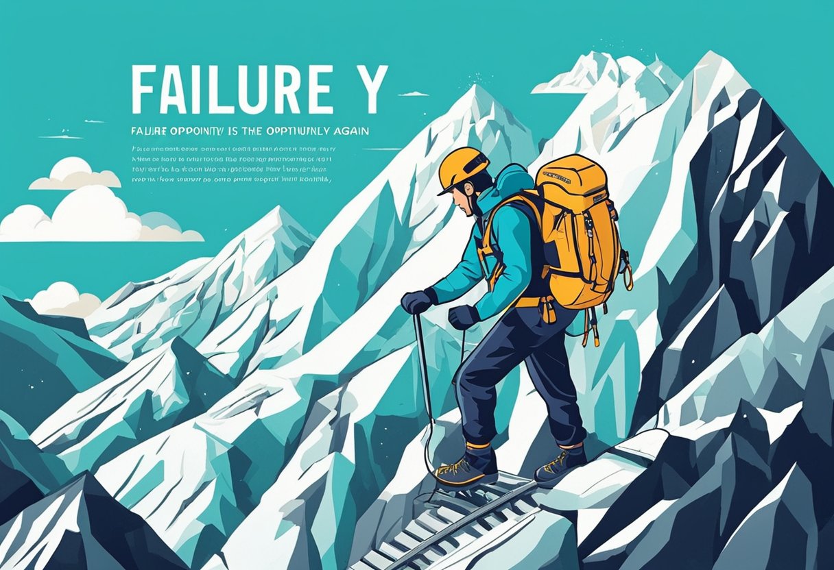 A mountain climber falls but keeps going, with the quote "Failure is the opportunity to begin again more intelligently" displayed prominently