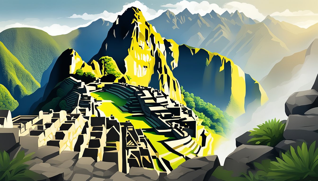A lone traveler explores the ancient ruins of Machu Picchu, surrounded by misty mountains and lush greenery. The iconic stone structures stand in stark contrast to the natural beauty of the Andes