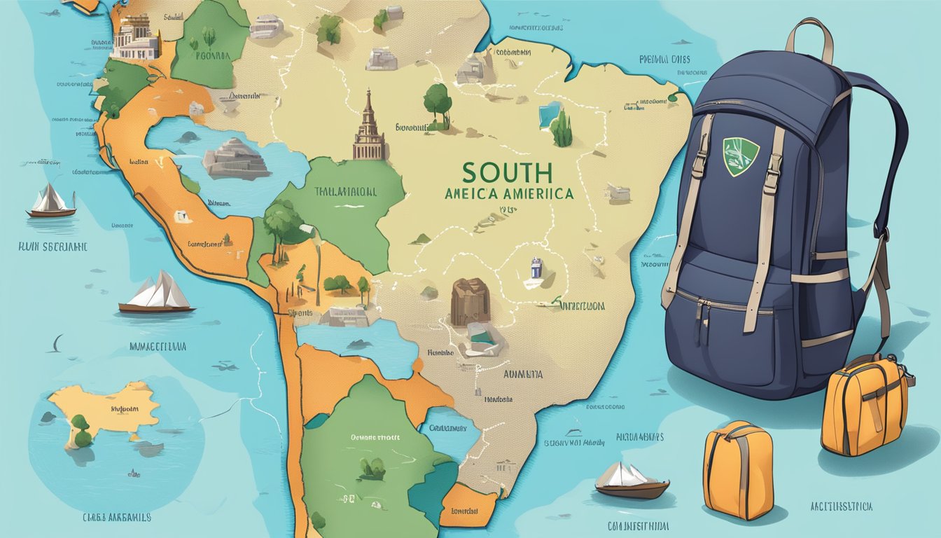 A map of South America with highlighted destinations and a backpack with travel essentials