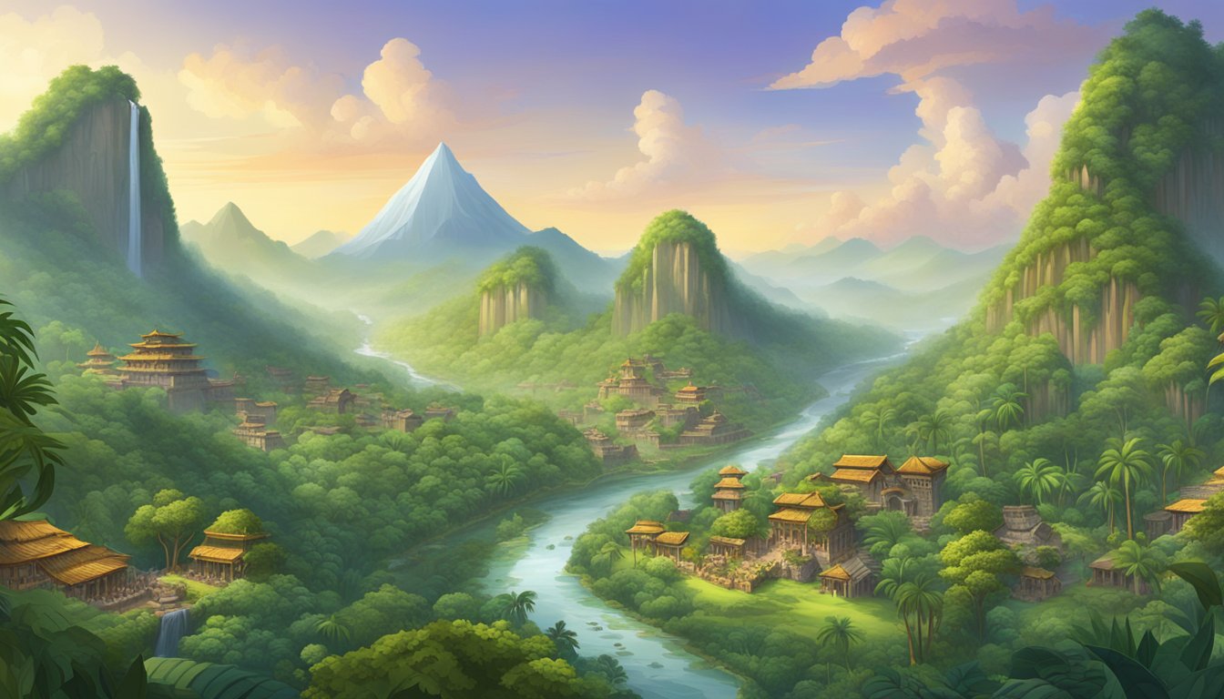 Lush rainforest with winding river, ancient ruins, colorful markets, and towering mountains in the distance