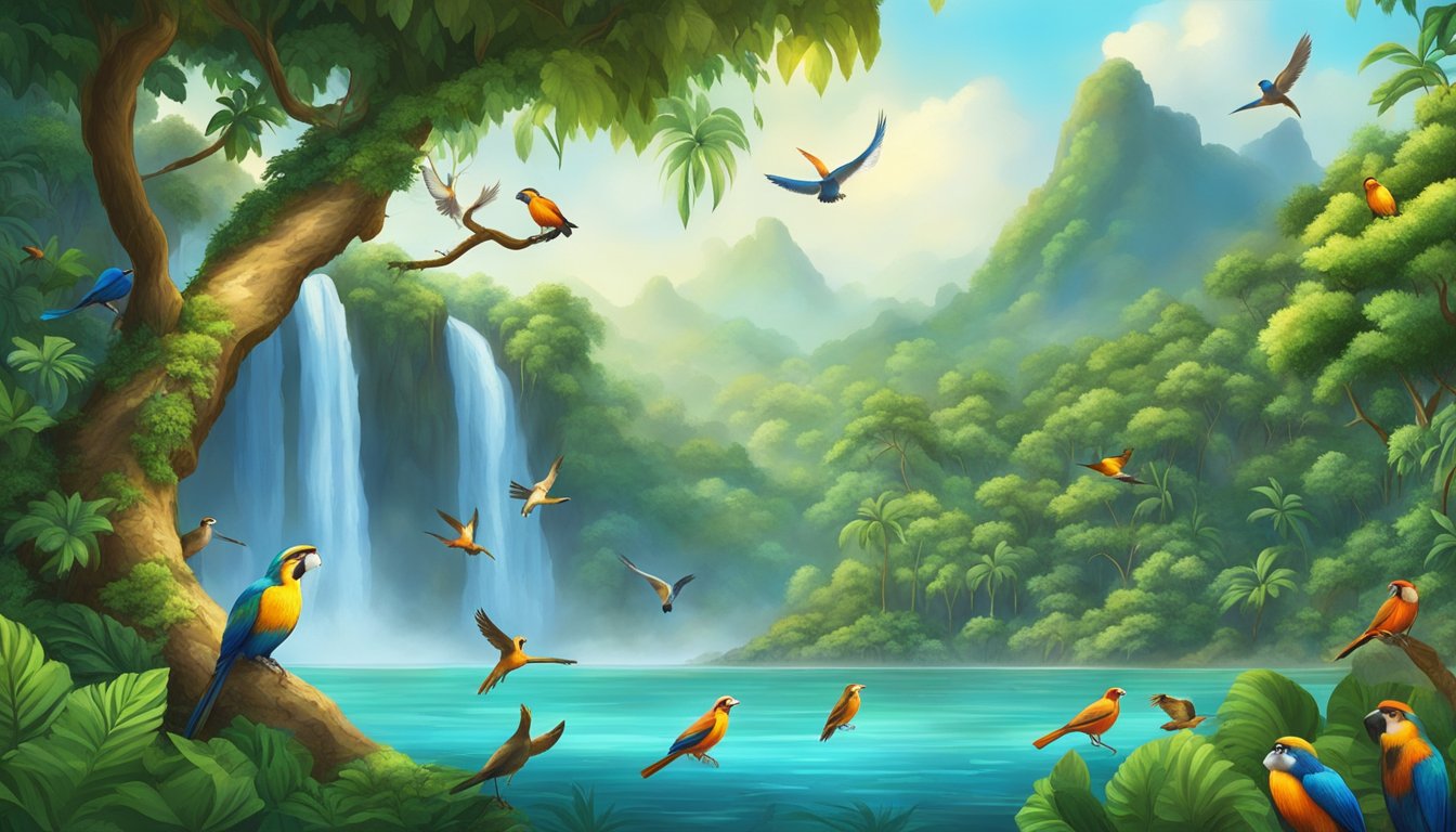 A lush rainforest teeming with colorful birds, monkeys swinging from tree to tree, and a majestic waterfall cascading into a crystal-clear river