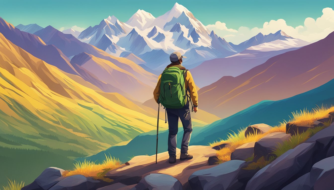 A lone traveler explores the rugged Andes, surrounded by towering peaks and lush valleys. The vibrant colors of the landscape create a sense of awe and adventure
