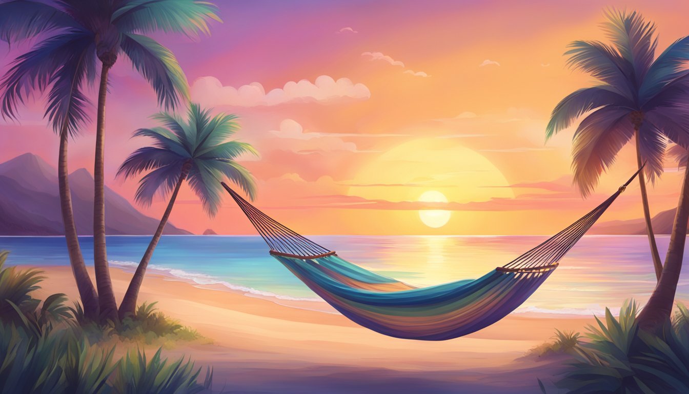 A serene beach with palm trees and clear blue waters, a cozy hammock swaying in the breeze, and a colorful sunset casting a warm glow over the tranquil scene