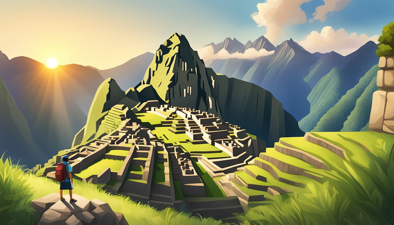 A traveler stands at the base of Machu Picchu, surrounded by lush green mountains and ancient ruins. The sun casts a warm glow over the scene, creating a sense of adventure and discovery