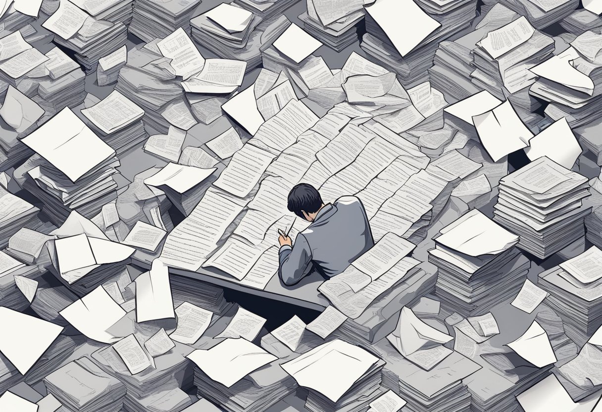 A pile of crumpled papers surrounds a lone figure, a determined expression on their face as they write and rewrite motivational quotes about failure