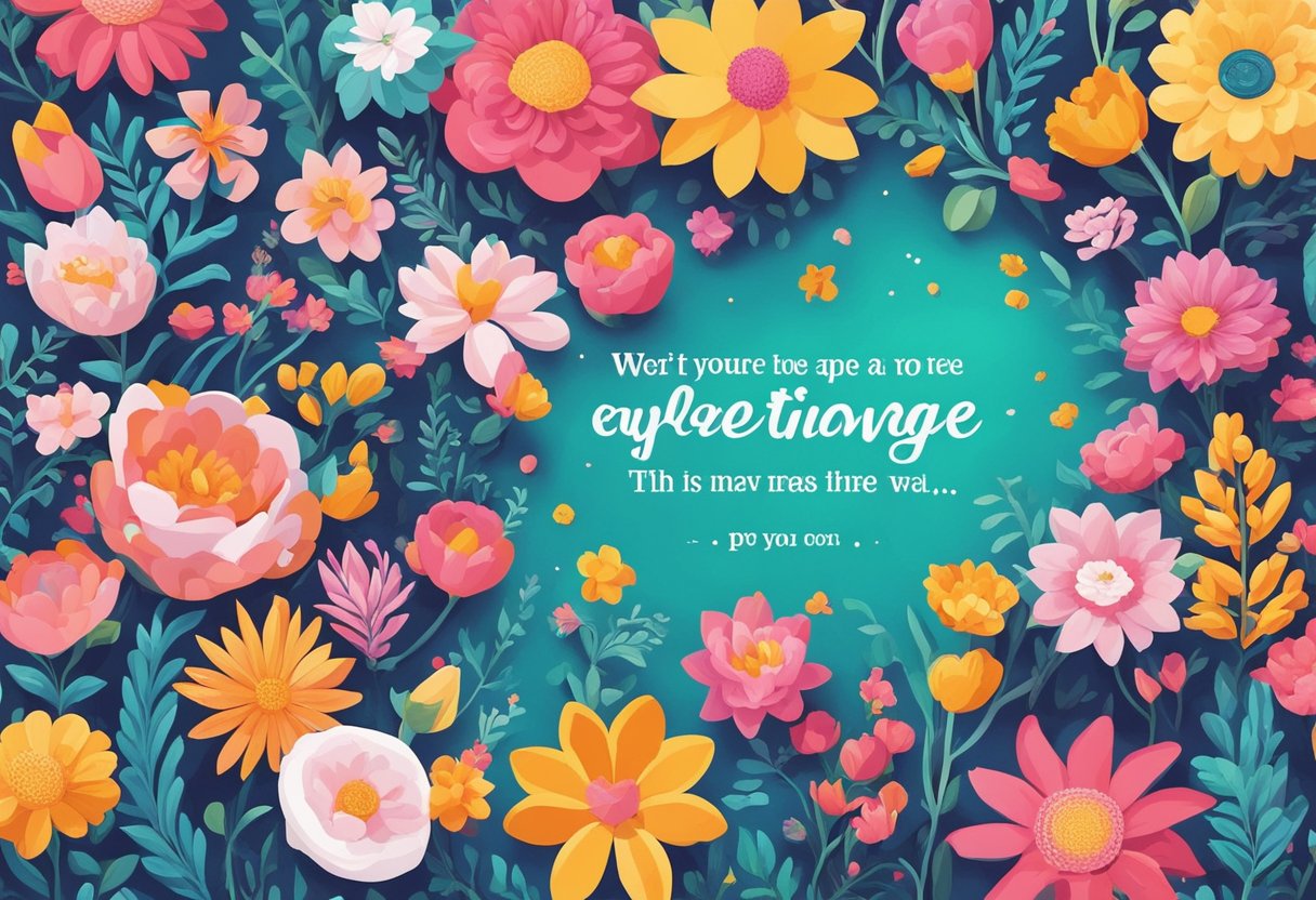A colorful array of motivational quotes by women, surrounded by vibrant flowers and uplifting symbols