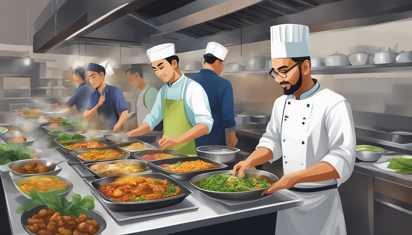 Customers savoring diverse halal dishes at a bustling Singapore restaurant. A chef expertly prepares a traditional Malay dish in the open kitchen