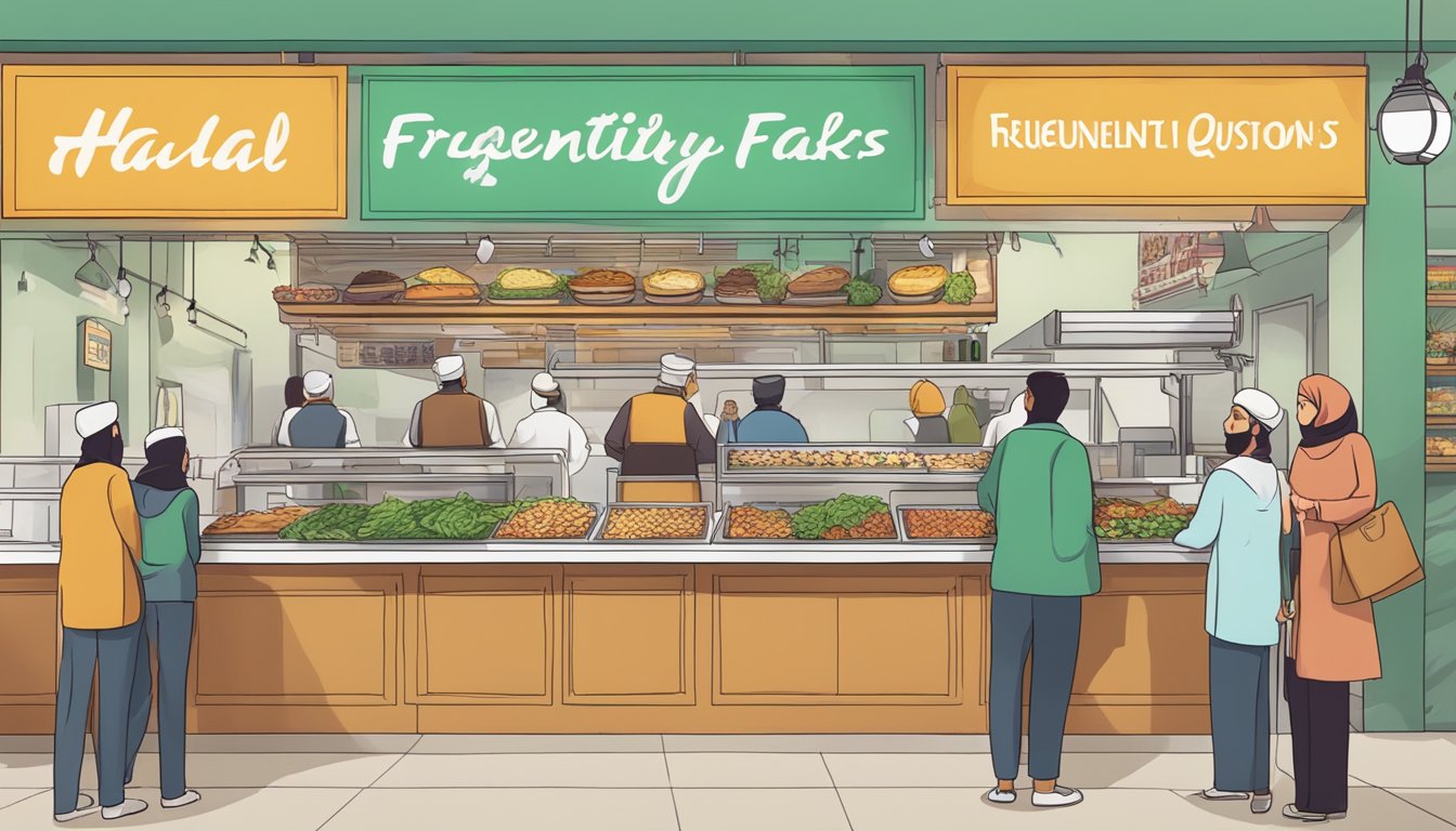 A bustling halal food restaurant with a sign reading "Frequently Asked Questions" above the entrance. Customers line up at the counter while the aroma of delicious dishes fills the air