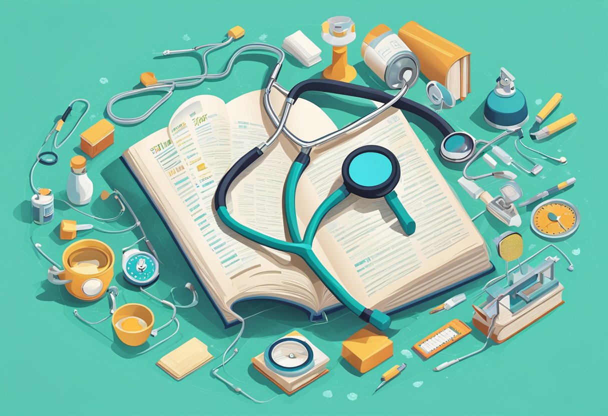 A stethoscope draped over an open book of inspiring nursing quotes, surrounded by colorful medical equipment and a soothing, welcoming atmosphere