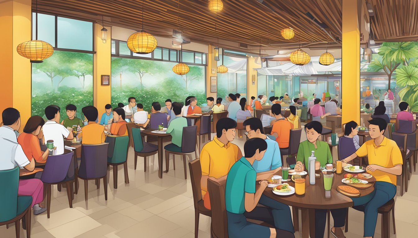 The bustling Hawa Restaurant in Tampines, with colorful decor and delicious aromas filling the air. Patrons enjoying a variety of Asian cuisine