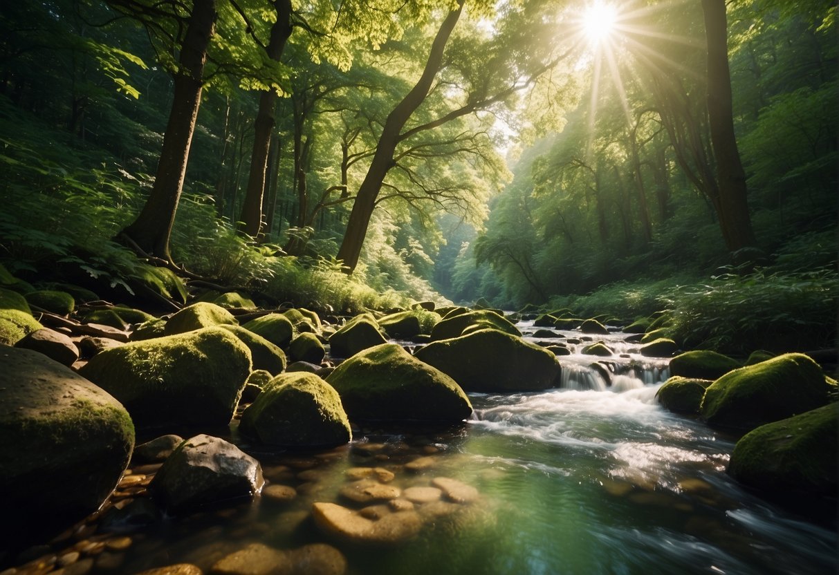 Lush green forest with sunlight filtering through the trees. A flowing stream and vibrant wildlife create a serene and peaceful atmosphere