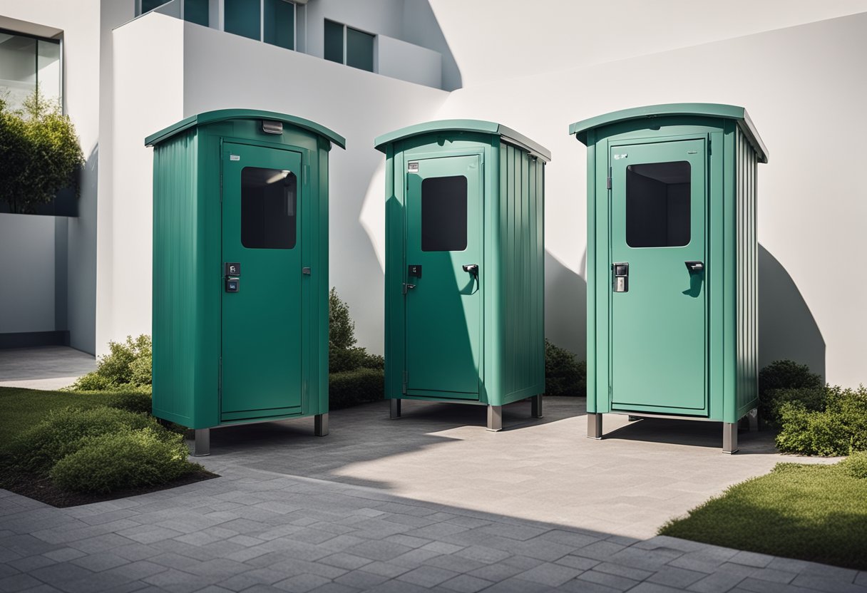 Two identical pit toilets side by side, with a simple yet functional design. The toilets are enclosed within a small structure, with a door for privacy