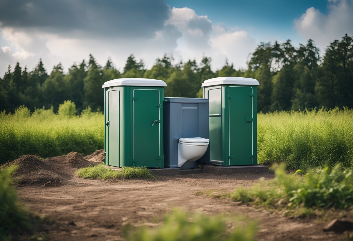 A twin pit toilet with two separate chambers for waste collection, connected to a ventilation pipe. One pit in use while the other is sealed for composting
