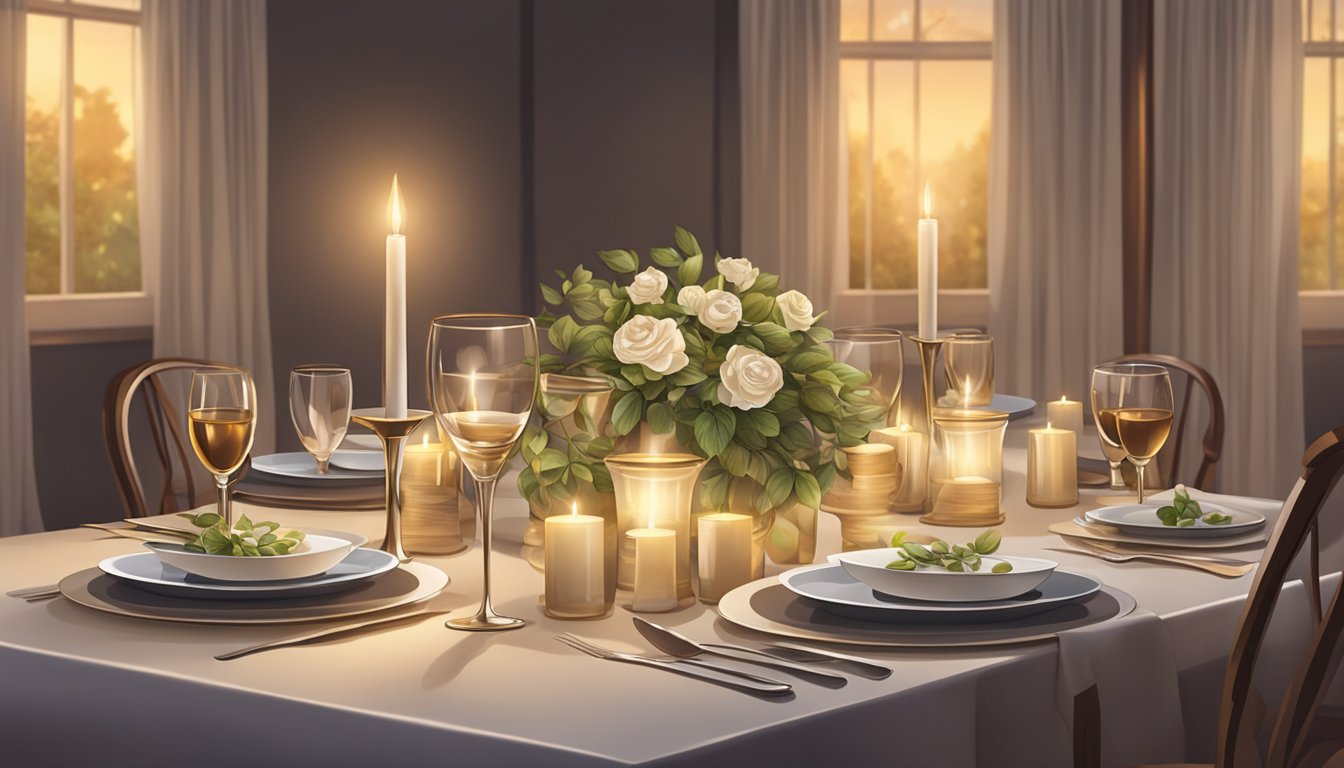 A table set with elegant dinnerware, surrounded by cozy seating and soft lighting, creating a warm and inviting atmosphere