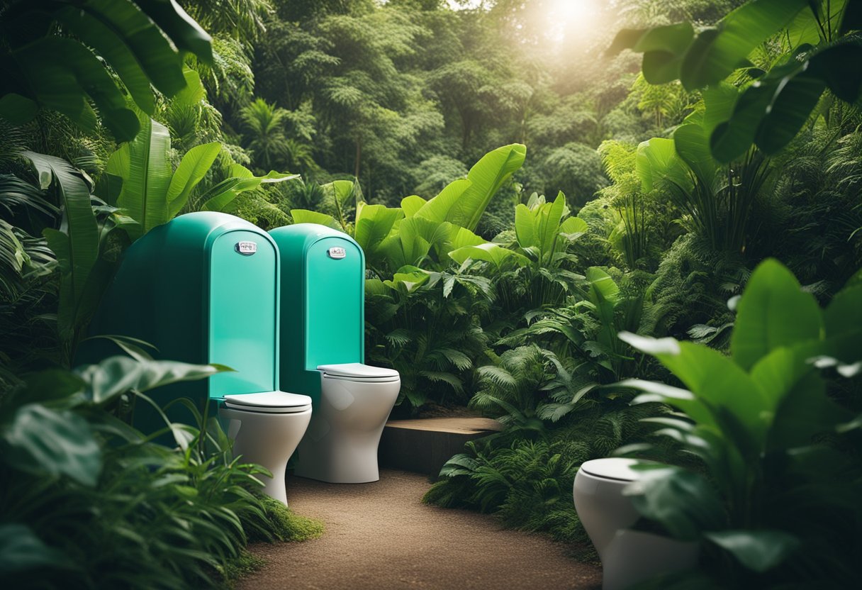 Vibrant community using twin pit toilet design, surrounded by lush ecosystem