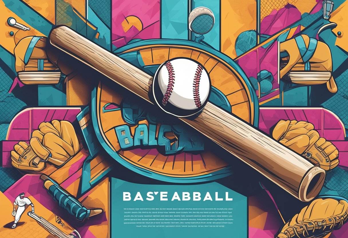 A baseball bat leaning against a fence with a baseball glove and ball on the ground, surrounded by motivational quotes on colorful banners