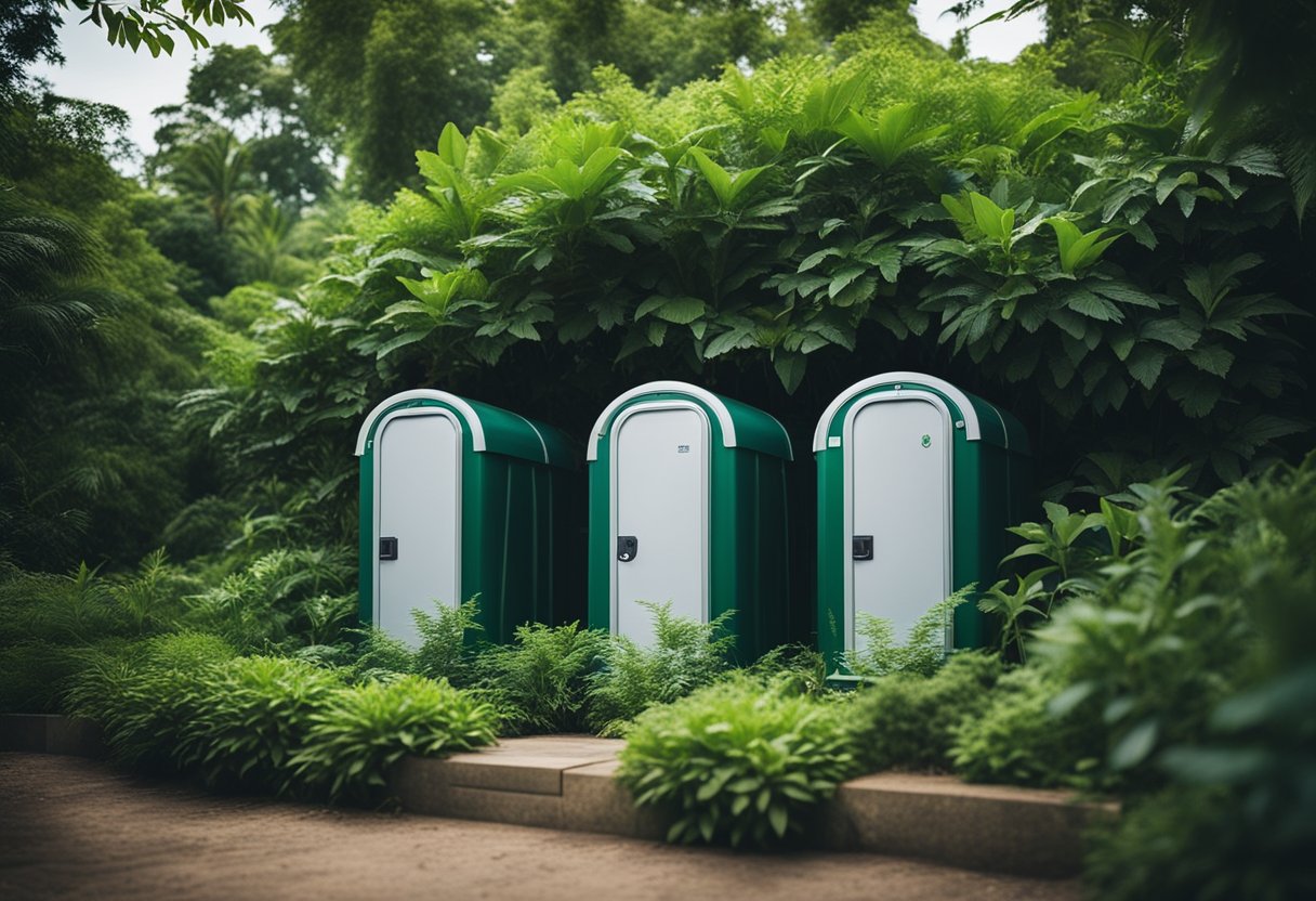 A twin pit toilet with a clear signage, surrounded by greenery, and equipped with proper ventilation and drainage system