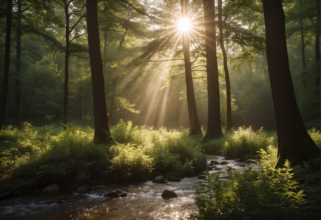 A serene forest clearing with sunlight streaming through the trees, birds chirping, and a gentle stream flowing nearby