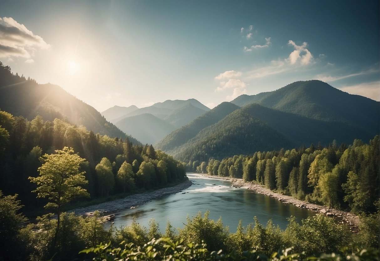 A serene forest with diverse flora, a flowing river, and a clear sky. Surrounding the scene are symbols representing different cultural perspectives