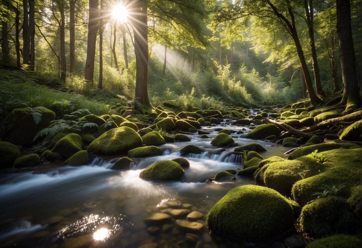 A tranquil forest with sunlight streaming through the trees, birds chirping, and a flowing stream, illustrating the concept of ecotherapy