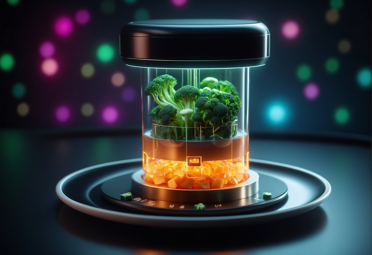 A futuristic, sleek AI device analyzes a plate of colorful, balanced food with a glowing green light