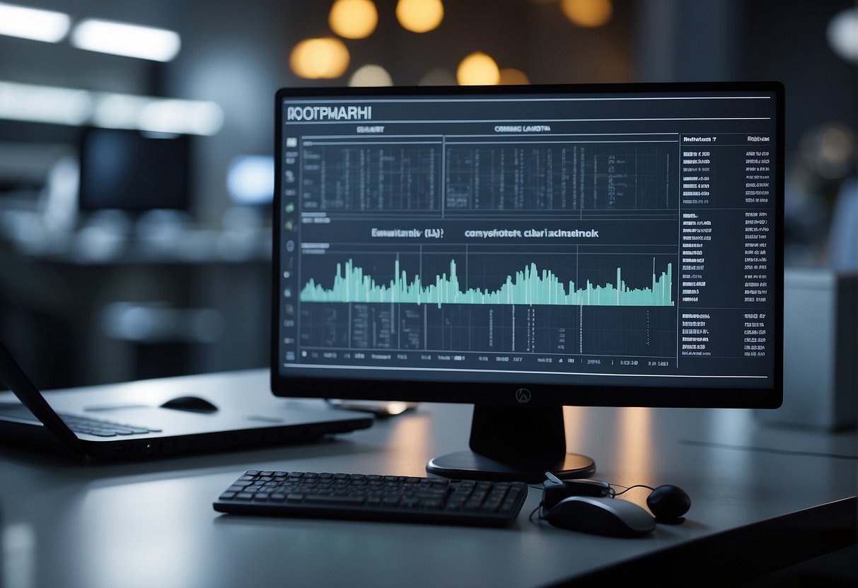 A computer monitor displays AI analyzing health data with a padlock symbol, while a nutrition chart is being processed