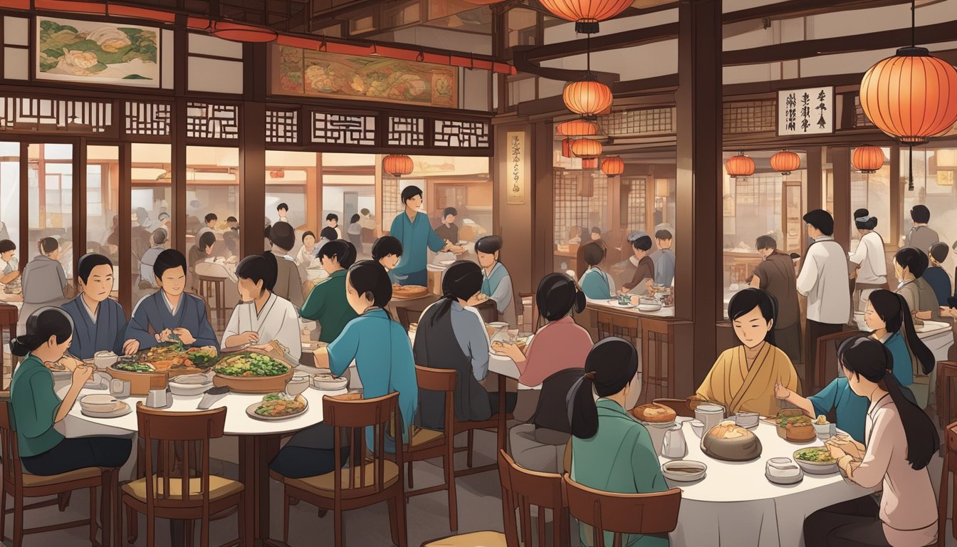A bustling Japanese restaurant in Chinatown, with customers enjoying their meals and waitstaff busy attending to tables. The interior is adorned with traditional Japanese decor and the aroma of delicious food fills the air