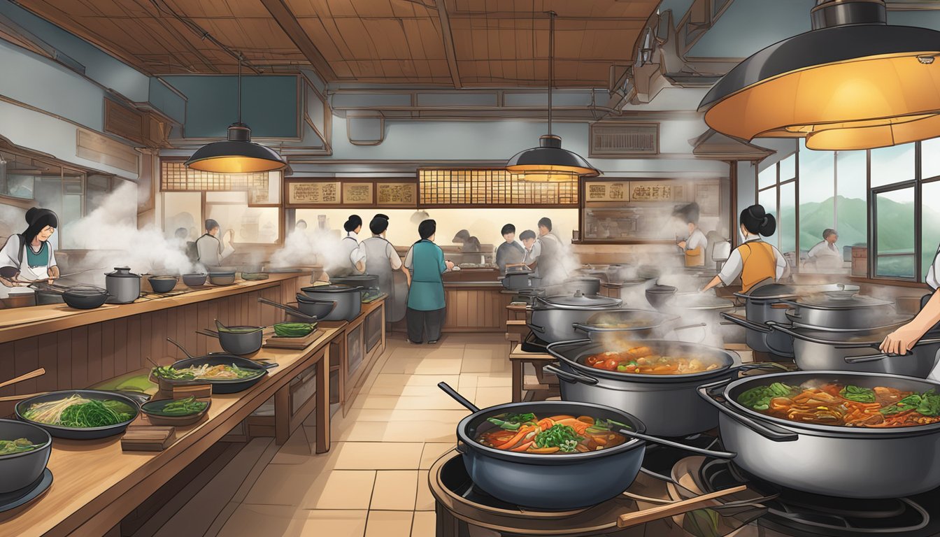 The bustling Kim Cheong restaurant, with steaming pots and sizzling woks, filled with the aromas of spicy, savory Korean cuisine