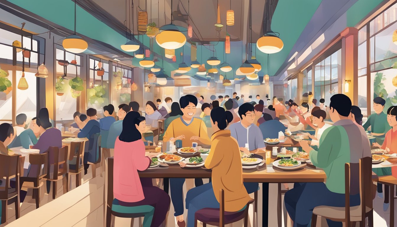A bustling restaurant with colorful decor, steaming plates of Korean cuisine, and smiling patrons enjoying their dining experience at Kim Cheong