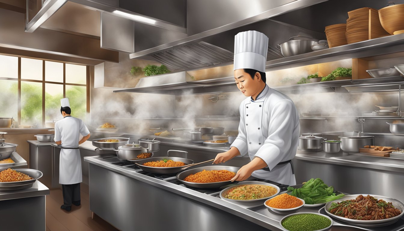 The bustling kitchen of Culinary Delights Kim Cheong restaurant, with sizzling woks and fragrant spices filling the air