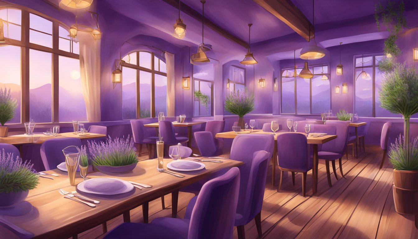 A lavender restaurant with a cozy, rustic interior, adorned with fresh lavender plants and soft, ambient lighting