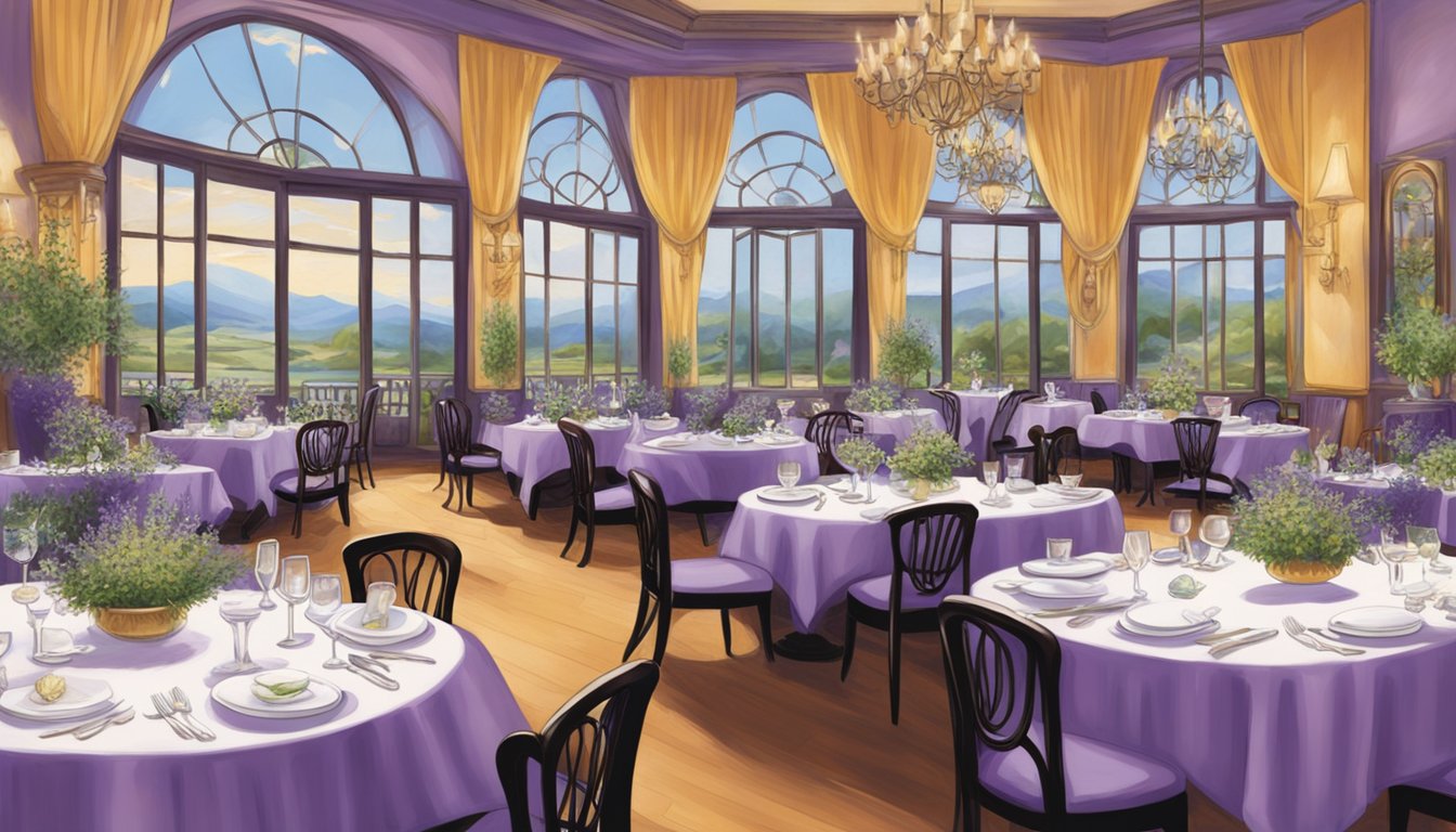 The Lavender restaurant bustles with chefs preparing exquisite dishes, while the aroma of lavender infuses the air. Tables are set with elegant place settings, awaiting the arrival of eager diners