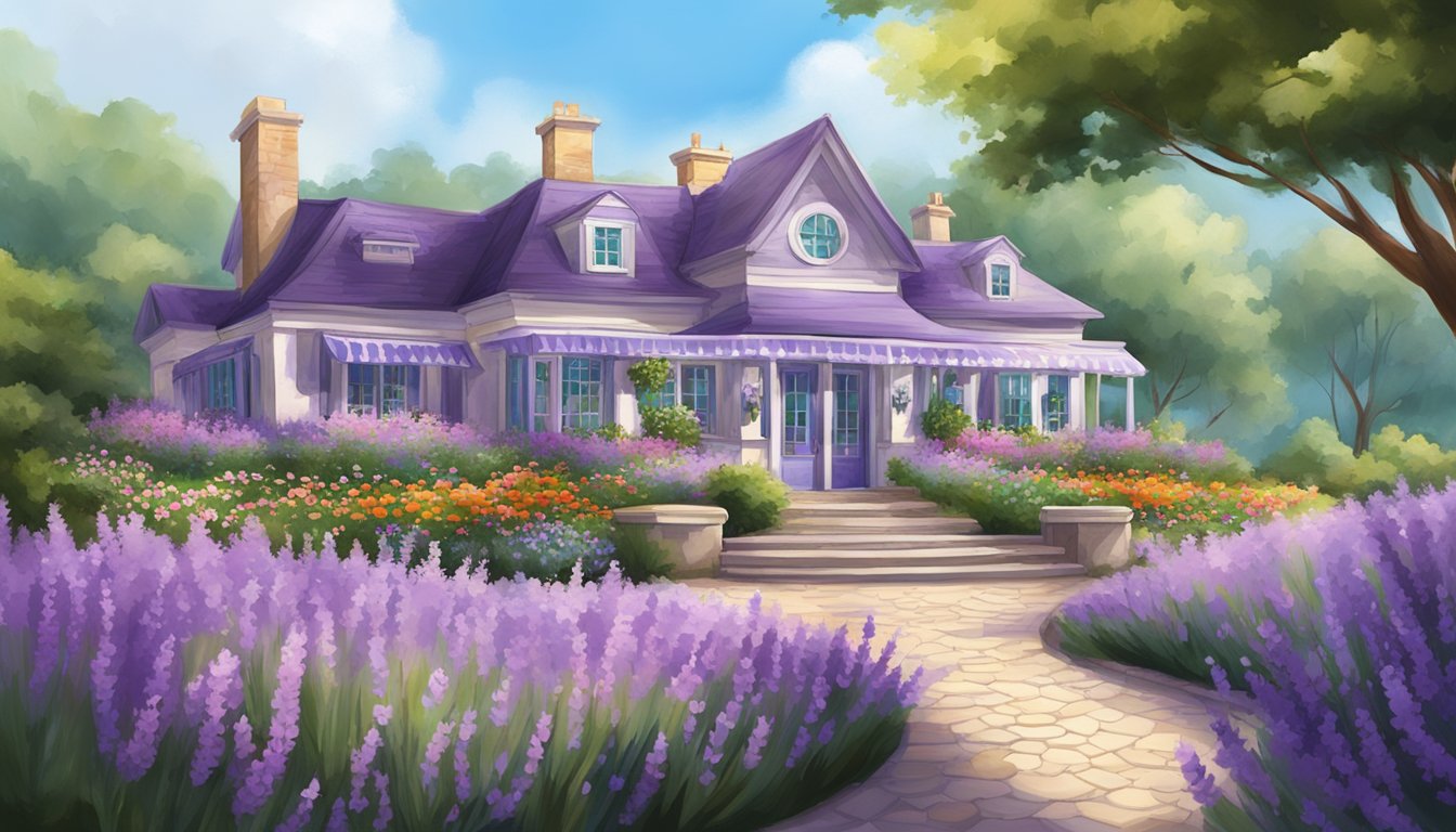 The lavender restaurant is nestled in a serene garden, with a winding path leading to the entrance, surrounded by vibrant flowers and lush greenery