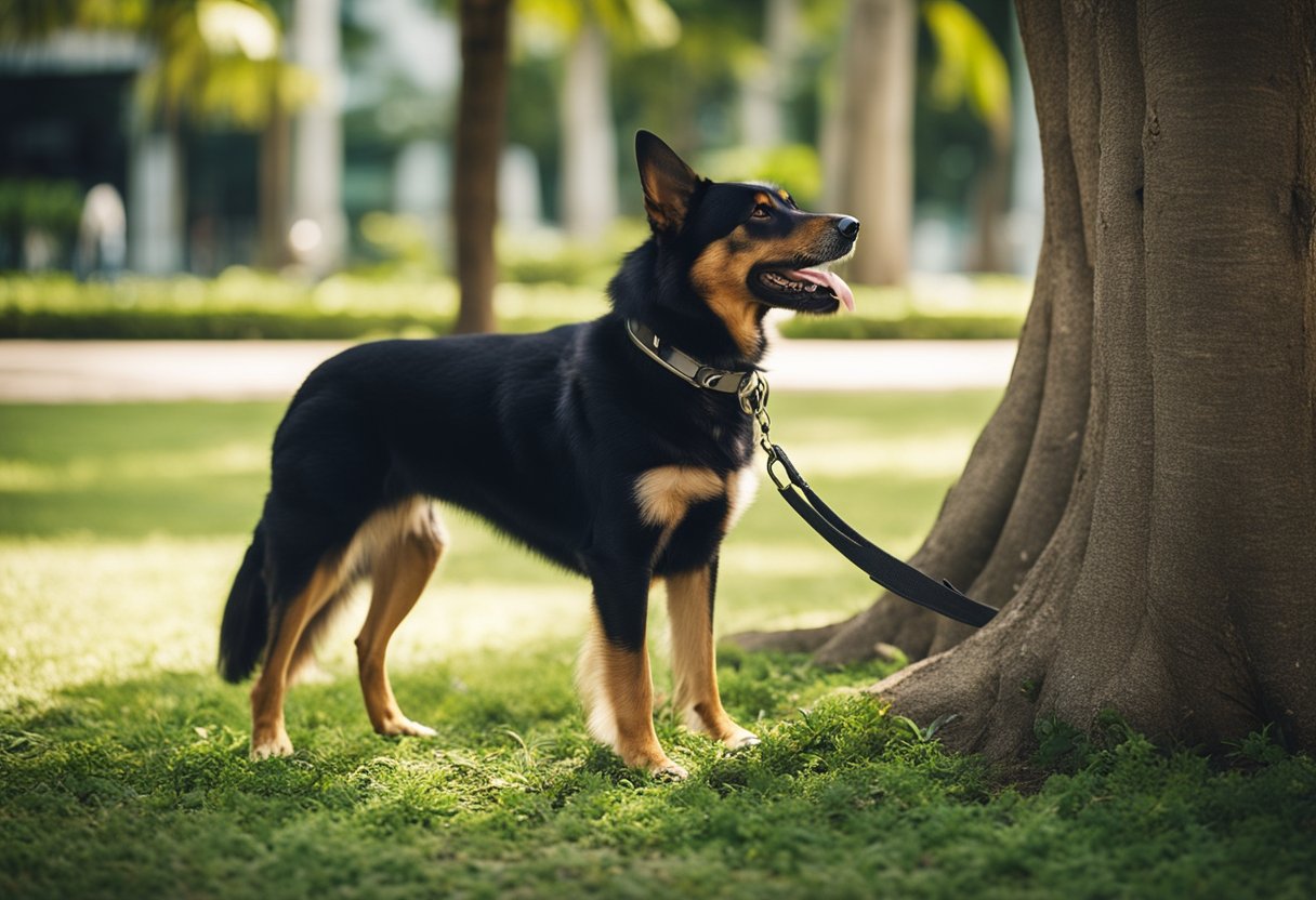 A panting dog seeks shade under a tree in the scorching Singapore heat, while a groomer trims its fur to keep it cool