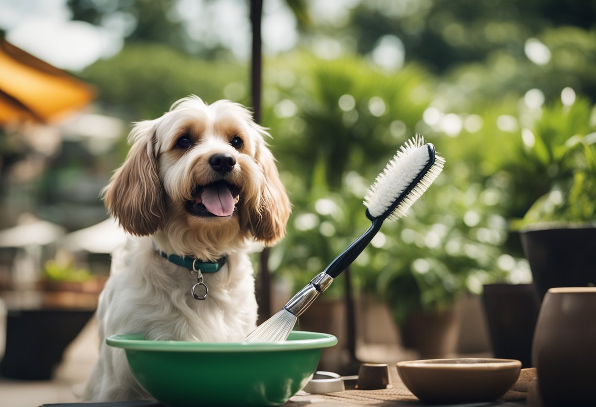 A dog is being groomed outdoors under the hot Singapore sun, with a brush and a bowl of water nearby
