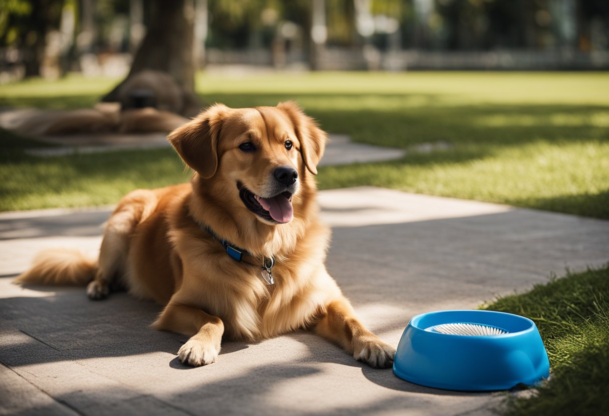A dog sits panting in the shade, with a bowl of water nearby. A grooming brush and cooling mat are laid out on the ground. The sun beats down on the hot Singapore weather