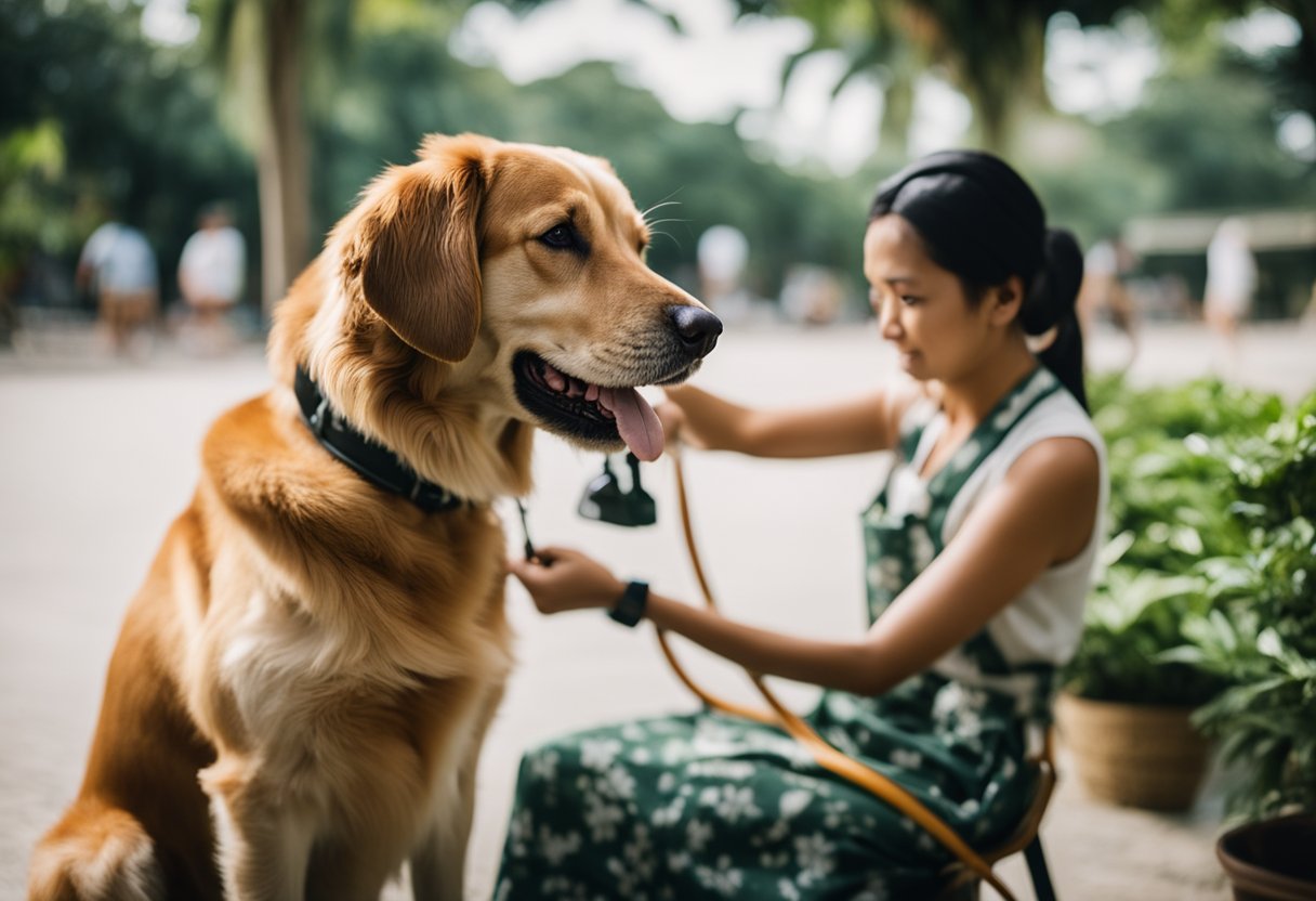 A dog being groomed under a shady tree on a hot day in Singapore