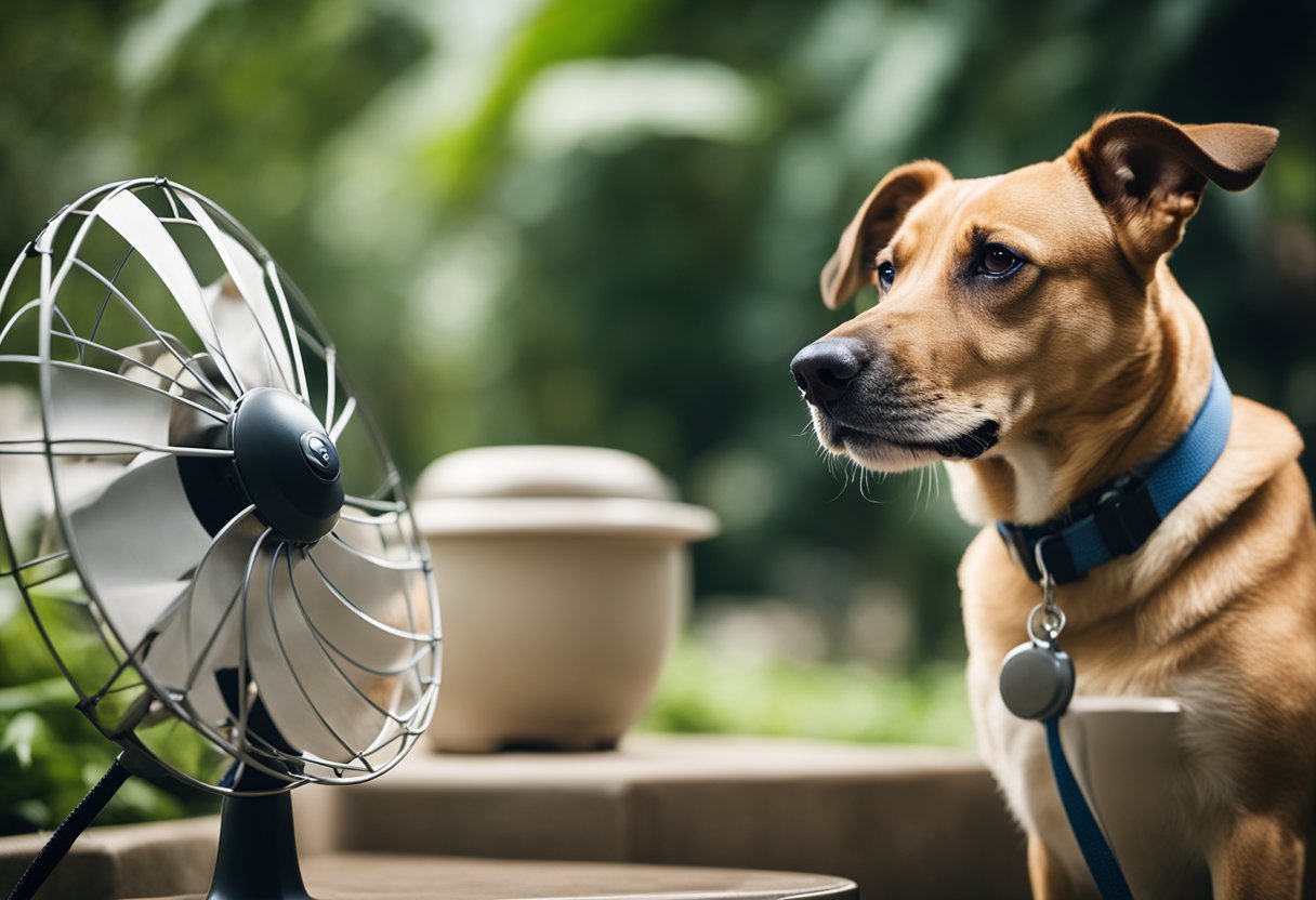 A dog sitting in front of a fan, with a bowl of water nearby, panting in the hot Singapore weather