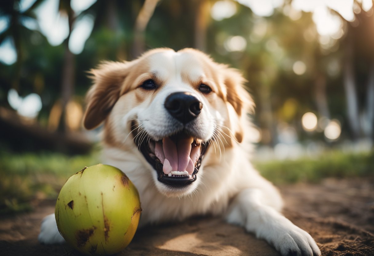 A happy dog with a shiny coat and strong teeth, playing with a coconut