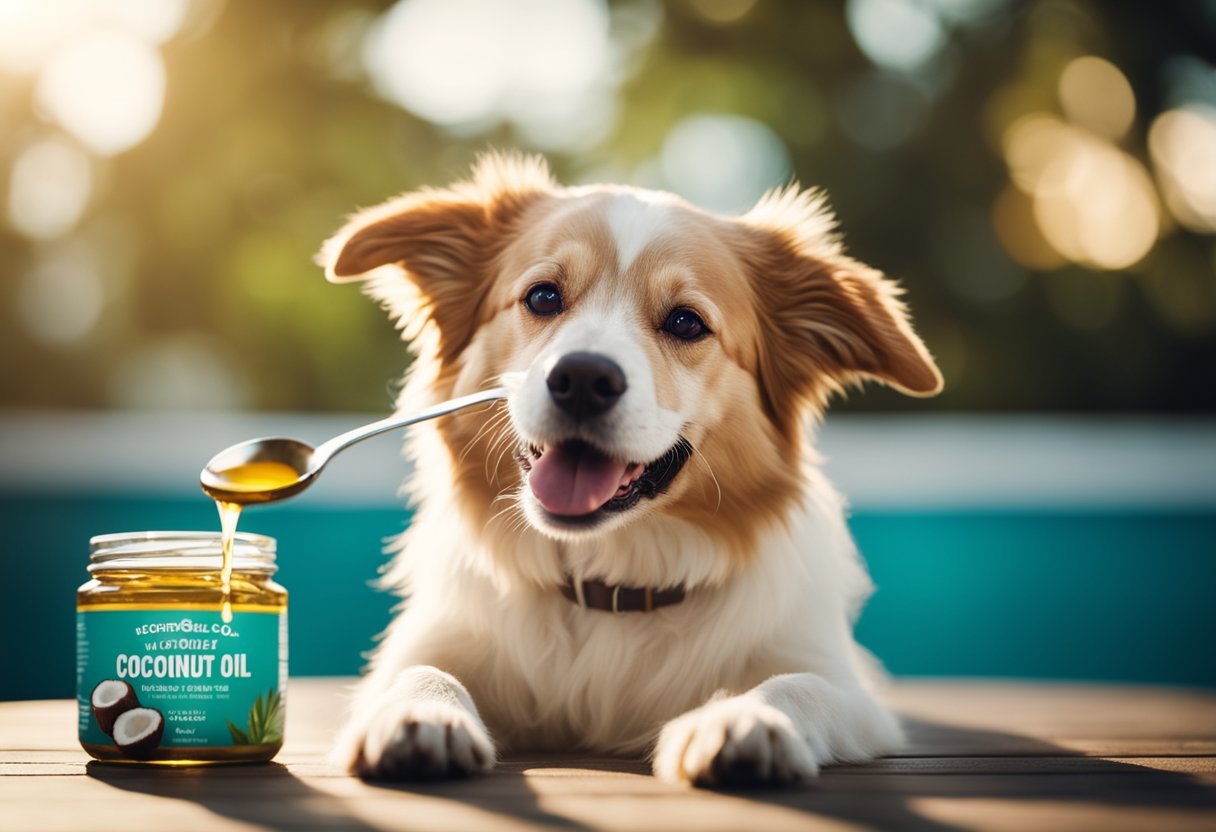 A happy dog with a shiny coat and healthy skin, wagging its tail while enjoying a spoonful of coconut oil