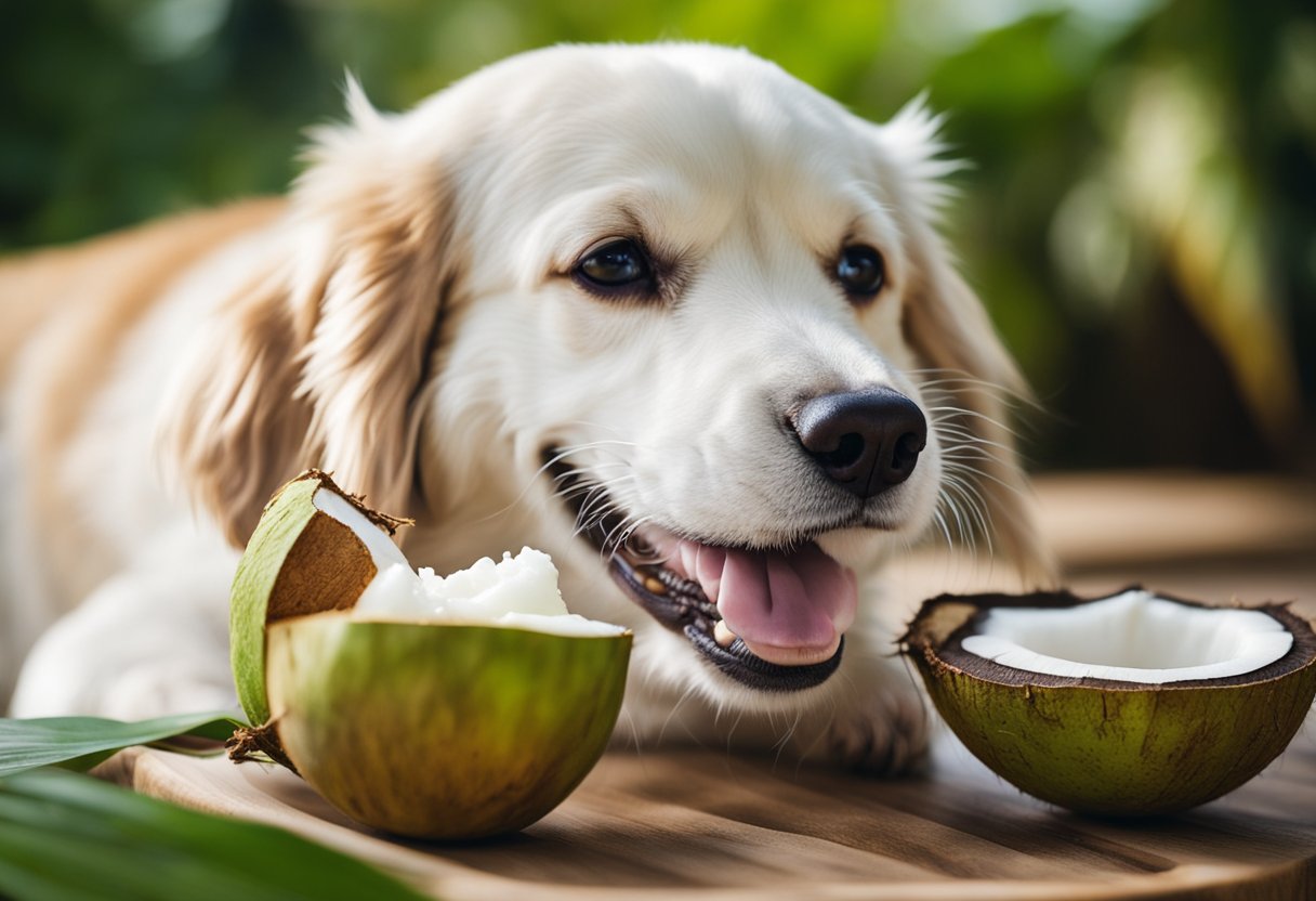 A happy dog licking coconut oil off its fur, with a shiny coat and healthy skin