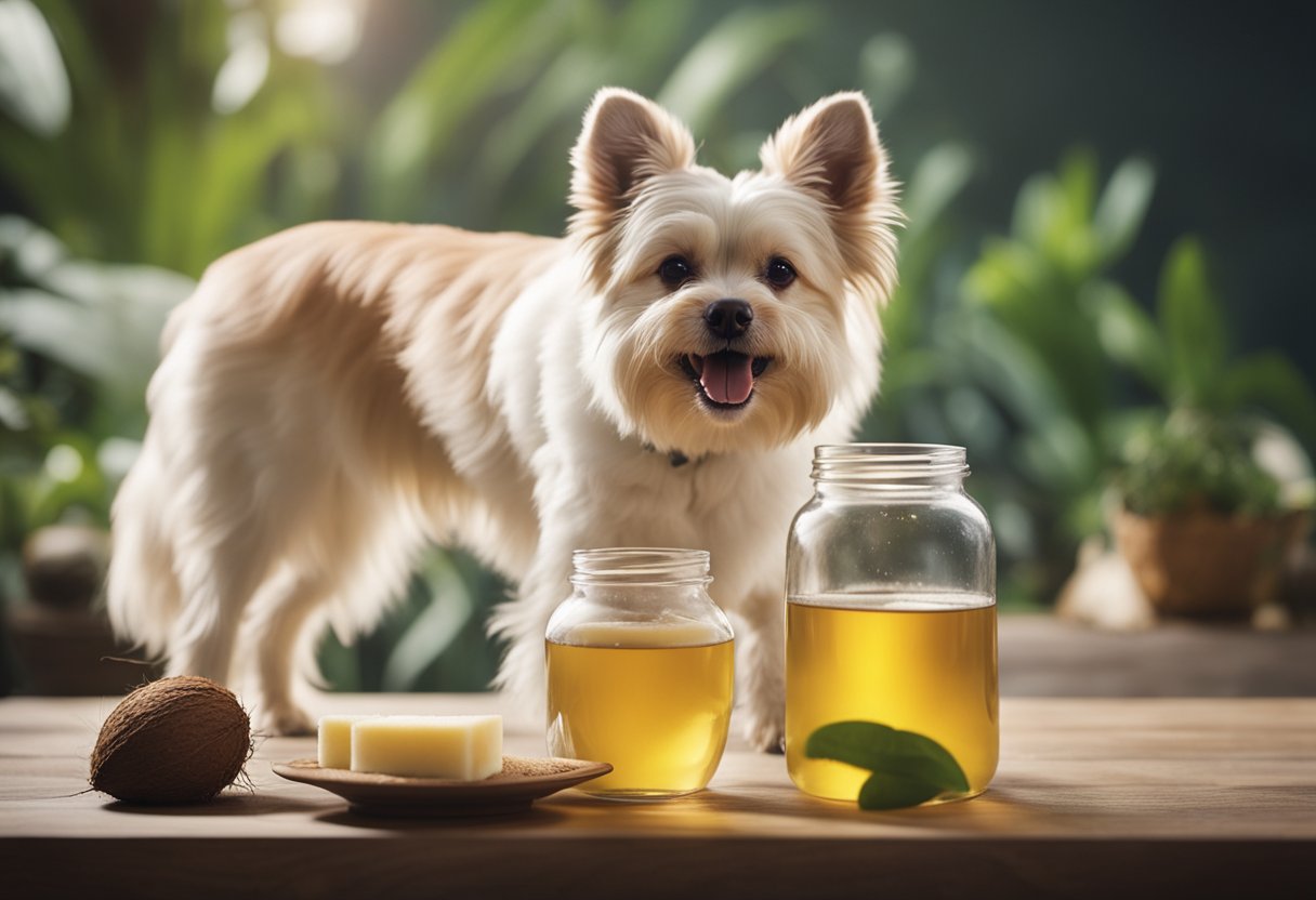 A happy dog wagging its tail as coconut oil is added to its food, promoting a healthy coat and digestion
