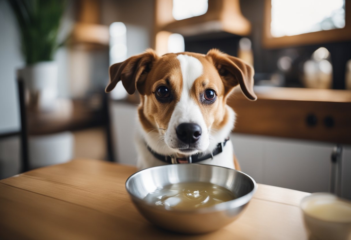 A dog happily lapping up coconut oil from a bowl, with a shiny coat and bright eyes, illustrating the benefits for their health