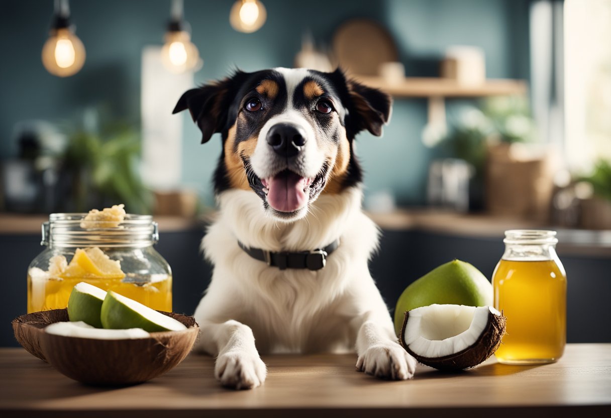 A happy dog with a shiny coat, wagging tail, and energetic demeanor, surrounded by coconut oil and various health-related items