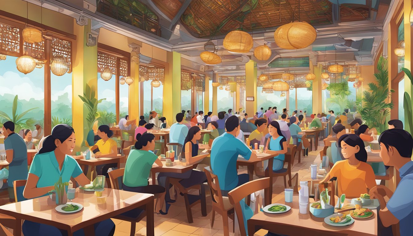 A bustling restaurant scene with colorful decor, steaming plates of food, and happy diners enjoying their meals at Beyond the Plate Malis restaurant in Phnom Penh