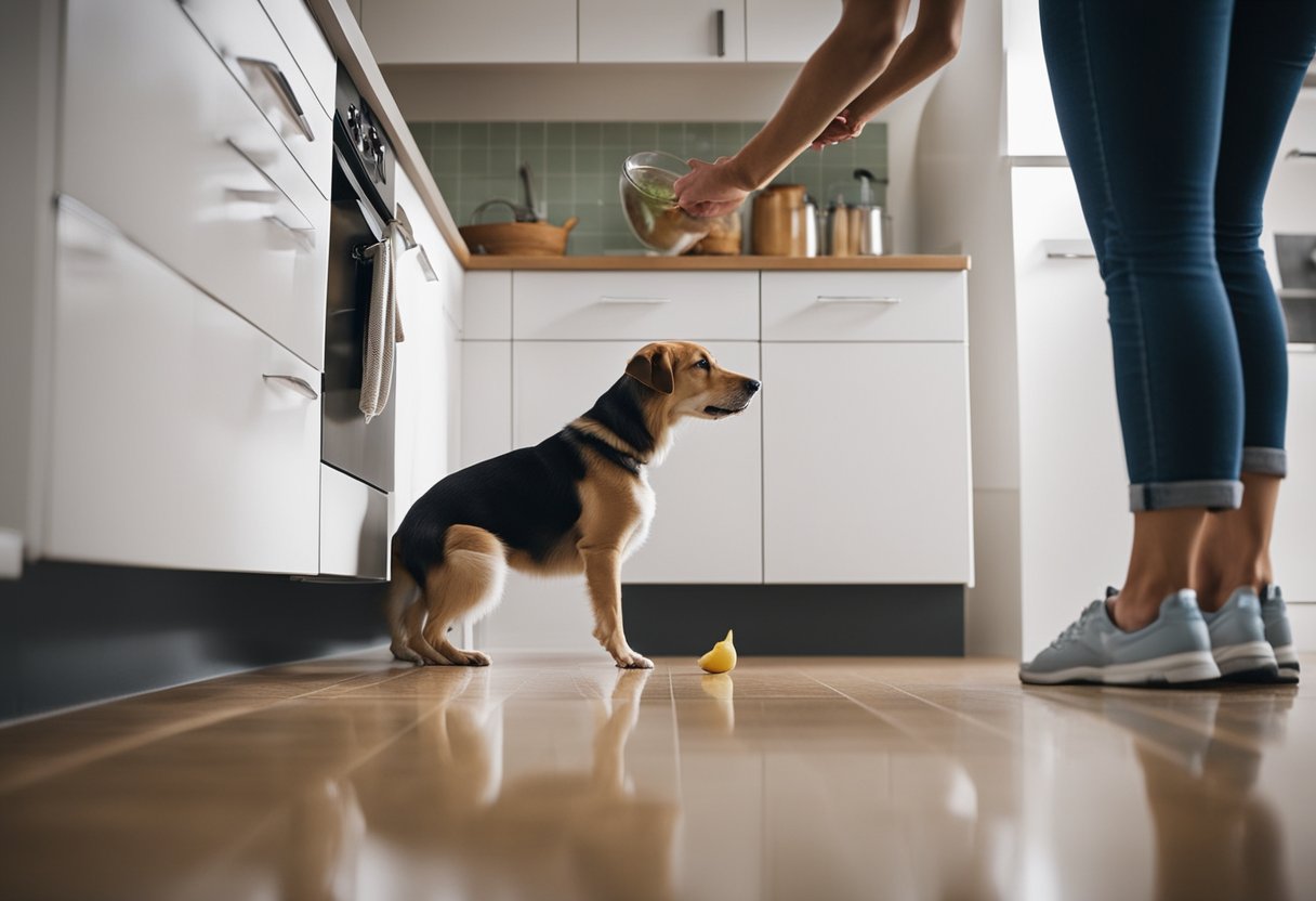 A dog sniffs around a kitchen, while a person removes allergens from the floor and counters. The person places a bowl of food on the ground, away from potential allergens