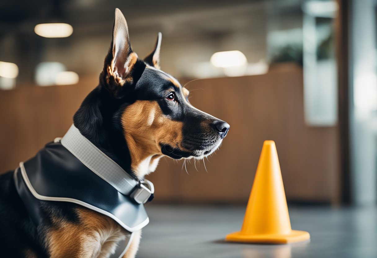 A dog wearing a protective cone around its neck, with a clean and clutter-free environment to prevent allergens