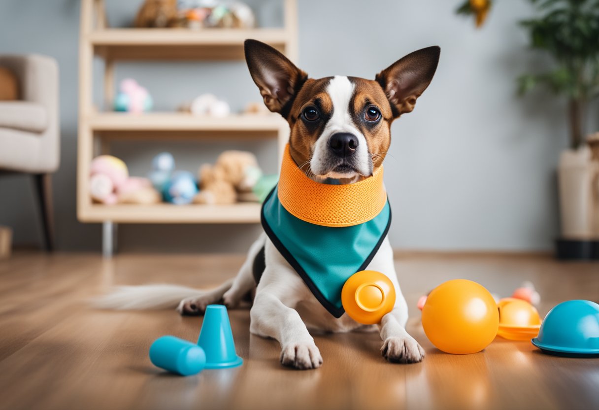 A dog wearing a protective cone around its neck while surrounded by allergy-free toys and treats