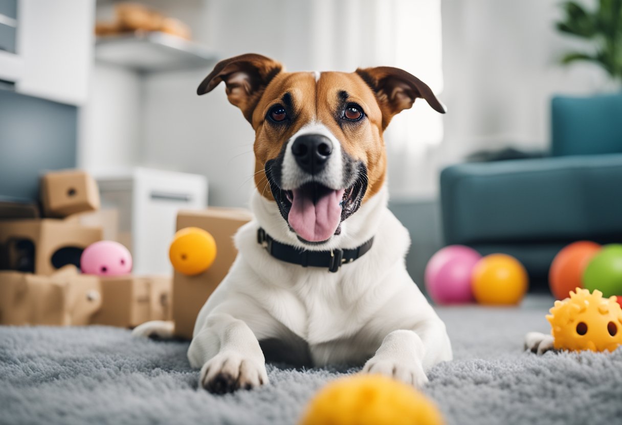 A dog with a happy expression, surrounded by allergy-safe toys, food, and a clean environment